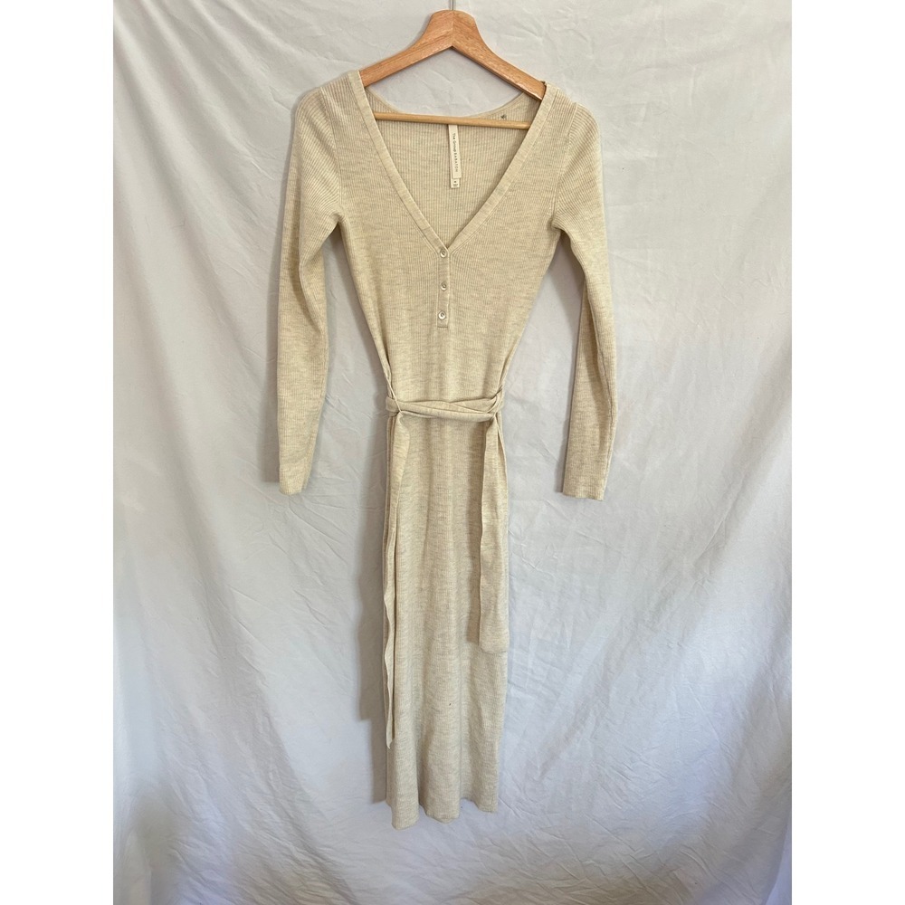 The Group Babaton Ribbed Knit Long Sleeve Button Front Midi Dress Beige Medium